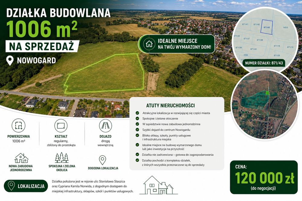 Działka budowlana 1006 m.kw.  - zabudowa jednorodzinna