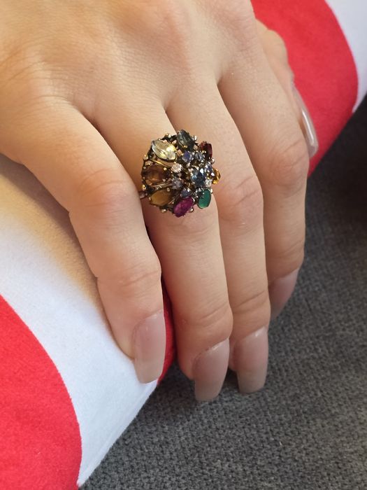 Złoty pierścionek antyk, szafiry, kopuła, złoto na prezent