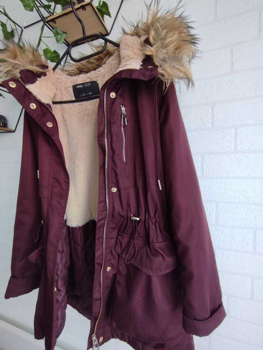 Bordowa śliwkowa kurtka Sinsay, parka, rozm. XS/34
