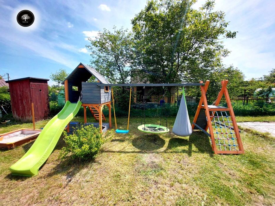 Drewniany plac zabaw, huśtawki, wspinaczka, zjeżdżalnia, domek, MONTAŻ