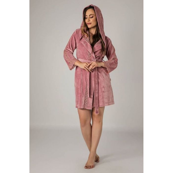 Халаты женские Nusa укороченные с гипюром бамбук/хлопок пудра