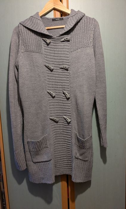 Sweter damski r. 40, długi blezer z kapturem szary