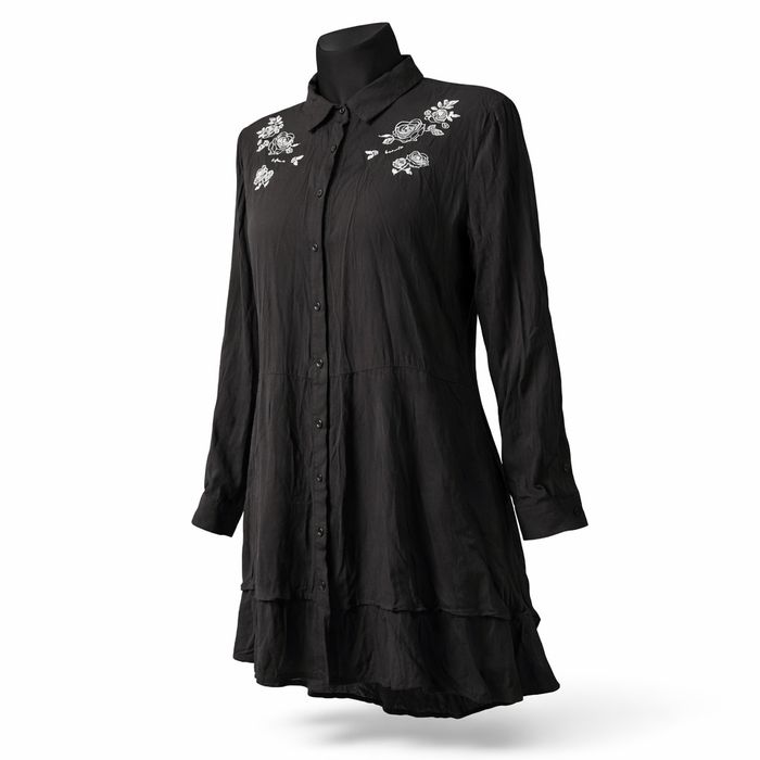 Czarna długa bluzka koszulowa/ tunika z haftem, asymetryczna, Carry, L
