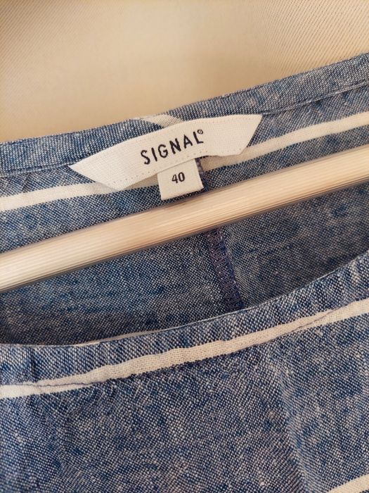 Sukienka signal len llyocell prosty krój midi w paski błękitna niebies