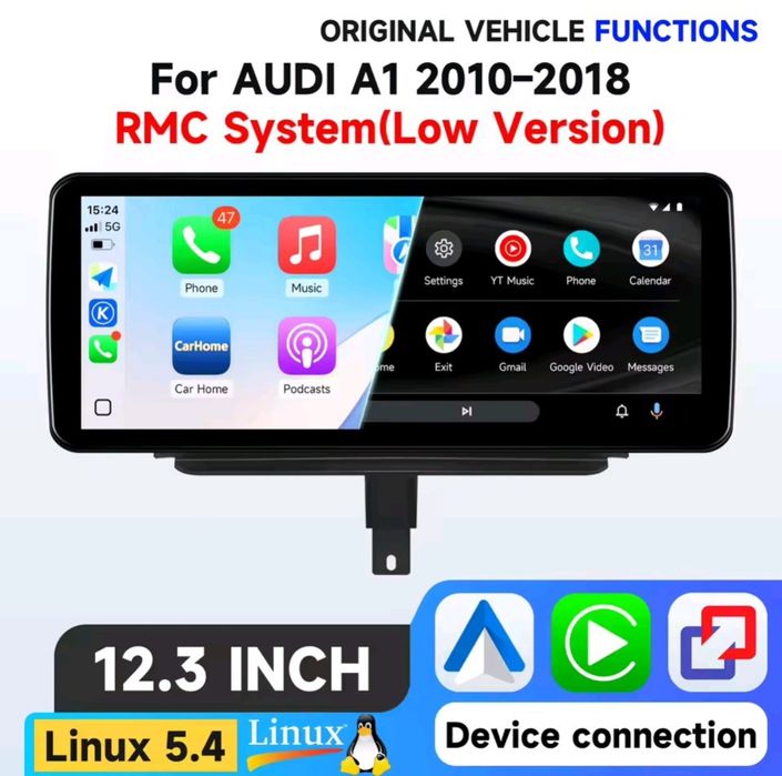 Rádio Android 12.3" Audi A1 2010 a 2018 RMC CarPlay Android Auto NOVO