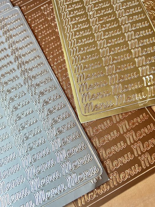 Zestaw 24 arkusze naklejki napis MENU złote, srebrne, NOWE + gratisy