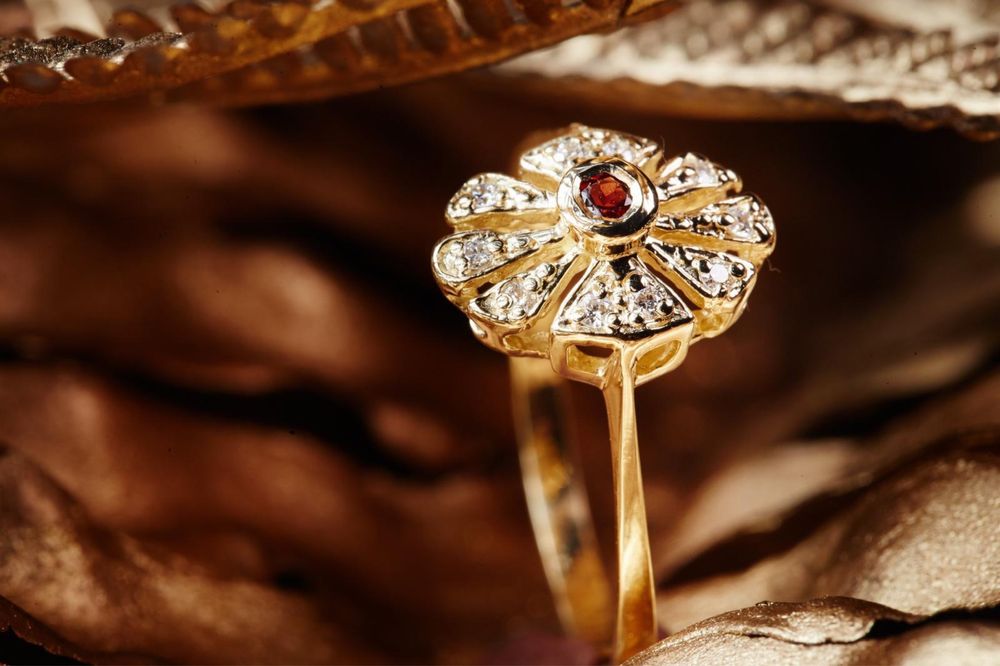 Pierścionek Złoty 585 Granat Naturalny Diamenty