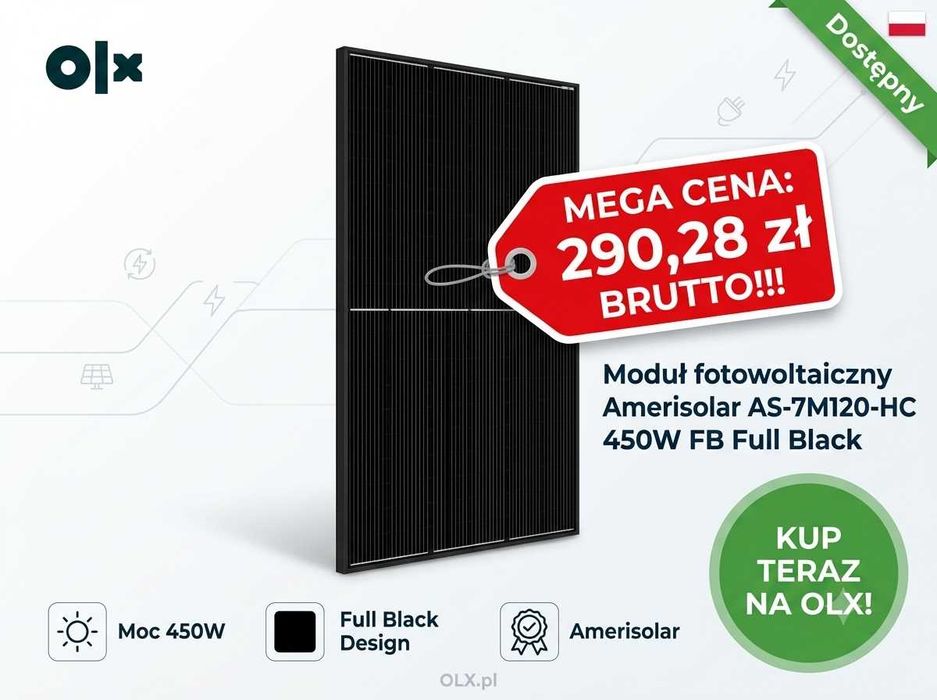Moduł fotowoltaiczny 450W Panel Słoneczny Amerisolar AS-7M120-HC 450W FB Full Black 290,28zł Brutto!!!