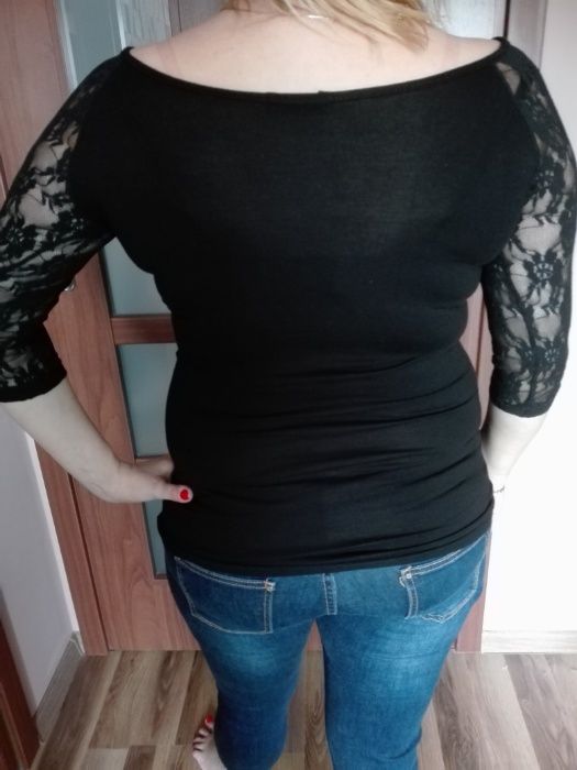 Piękna Czarna Bluzka Koronkowa M-L