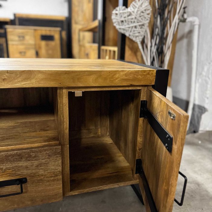 Loftowa szafka rtv egzotyczne drewno mango seria Britt 140cm nowa F-V