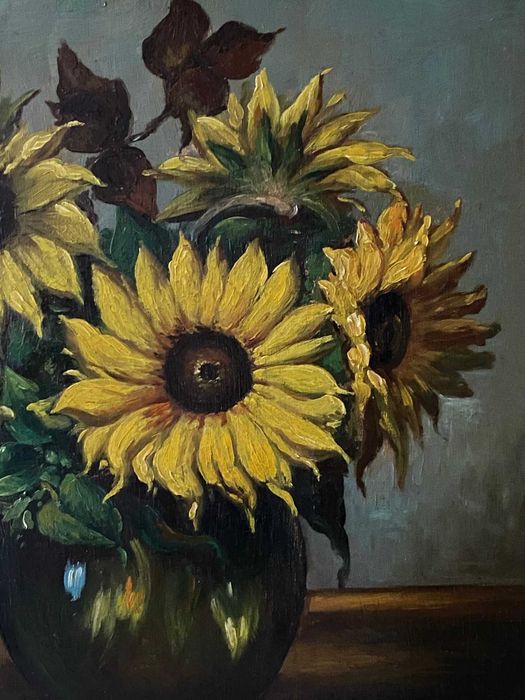 Girassóis, pintura antiga a óleo sobre madeira, com moldura antiga