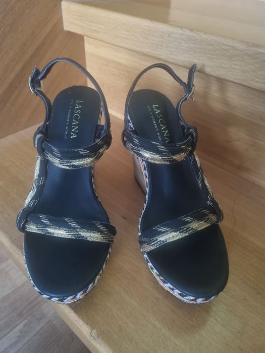 #sandały #38 #damskie #złote #czarne #boho #koturna #paski