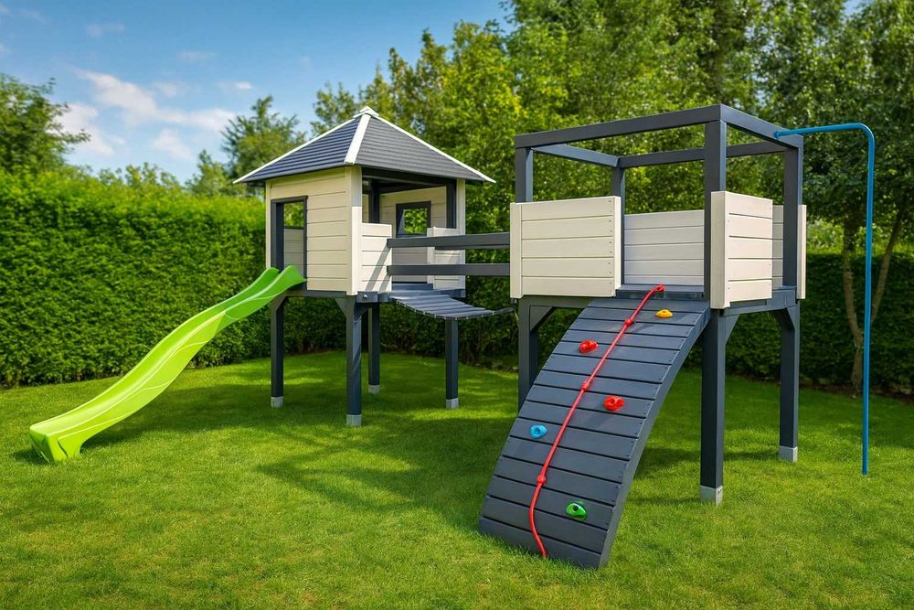 Plac zabaw drewniany domek, mostek, huśtawki, zjeżdżalnia
