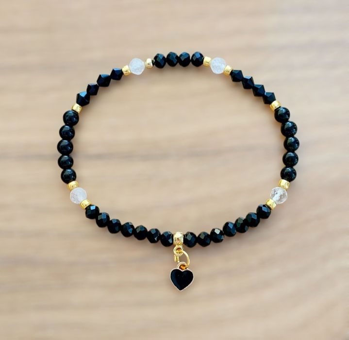 Bransoletka koraliki kryształ górski czarno złota zawieszka serce
