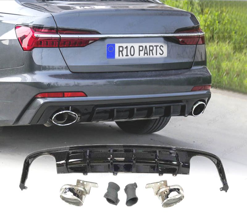 DIFUSOR TRASEIRO AUDI A6 C8 AVANT 18-22 LOOK RS6 PRETO BRILHANTE + PONTEIRAS DE ESCAPE