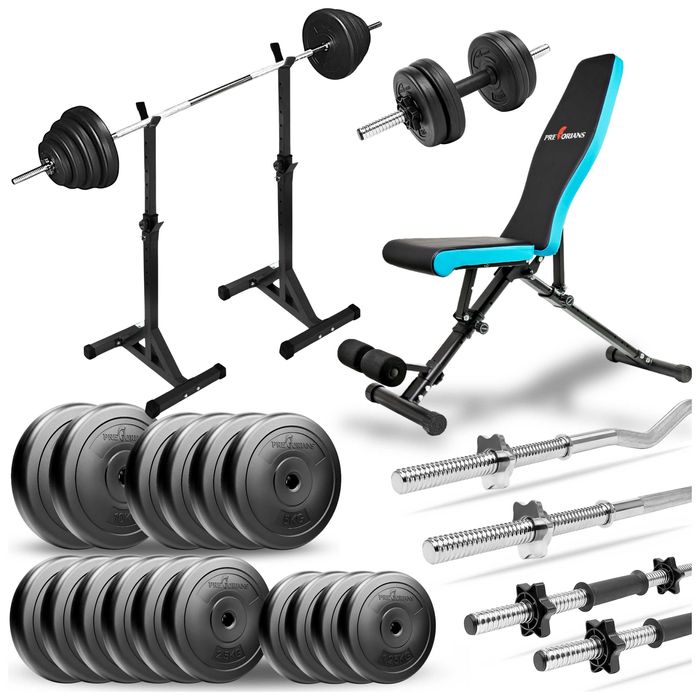 Zestaw do ćwiczeń 98kg ławka stojaki po sztangę komplet gryfów