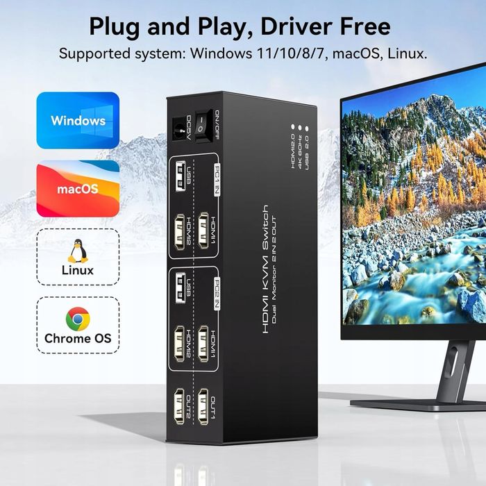 Przełącznik KVM HDMI 2 komputery 2 monitory 4K60Hz z 4 portami USB 2.0