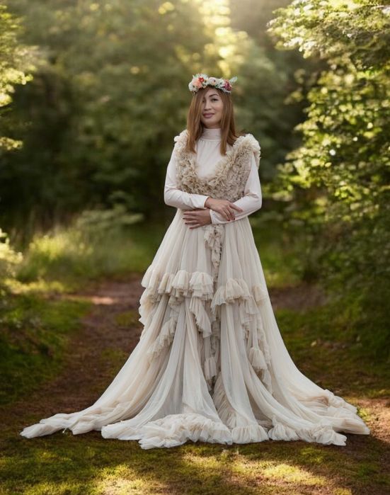 Przepiękna długa sukienka sesja zdjęciowa ciążowa kobieca tiul falbany