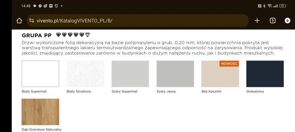 Drzwi łazienkowe prawe folia PP - pełne 3 zawiasy, kaszmir VIVENTO