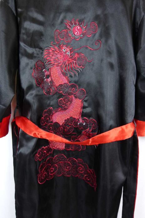 Satynowy dwustronny szlafrok wyszywany smok / S