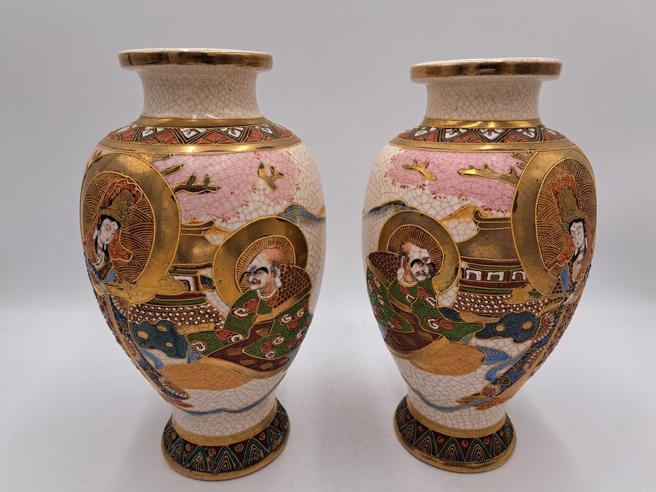 Wazon ceramiczny japoński Satsuma ręcznie malowany, złocony, sygnowany, para wazonów, samuraj, gejsza