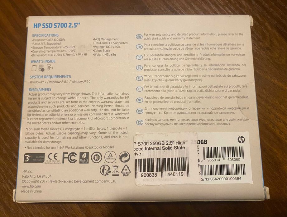 Disco rígido SSD interno Hewlett Packard de 250 GB