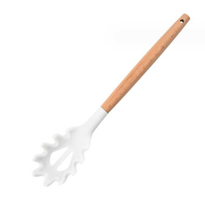 Łopatka, łyżka kuchenna do makaronu drewno+silikon 29  cm BIAŁA