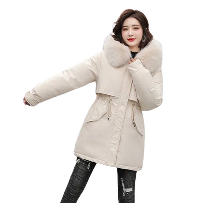 Damska parka beżowa z futrzanym kapturem, rozmiar XL