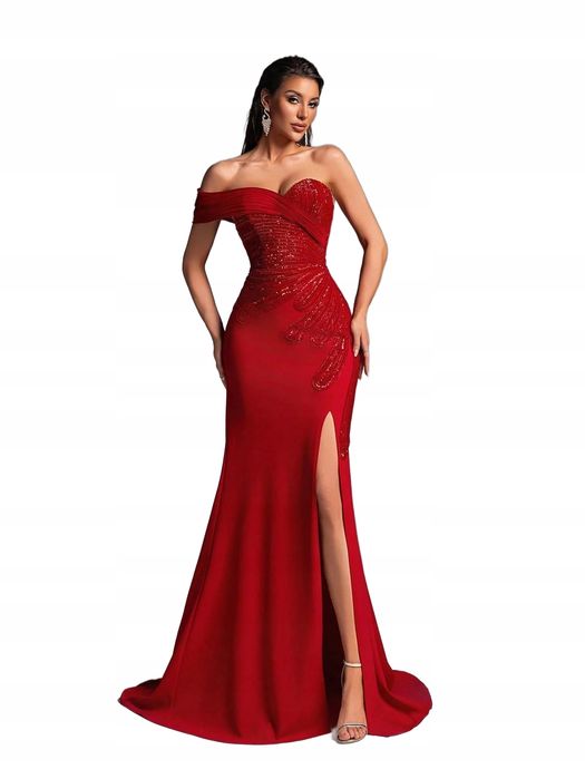 Shein czerwona sukienka wieczorowa z cekinami i szerokim żabotem 40/42 21la