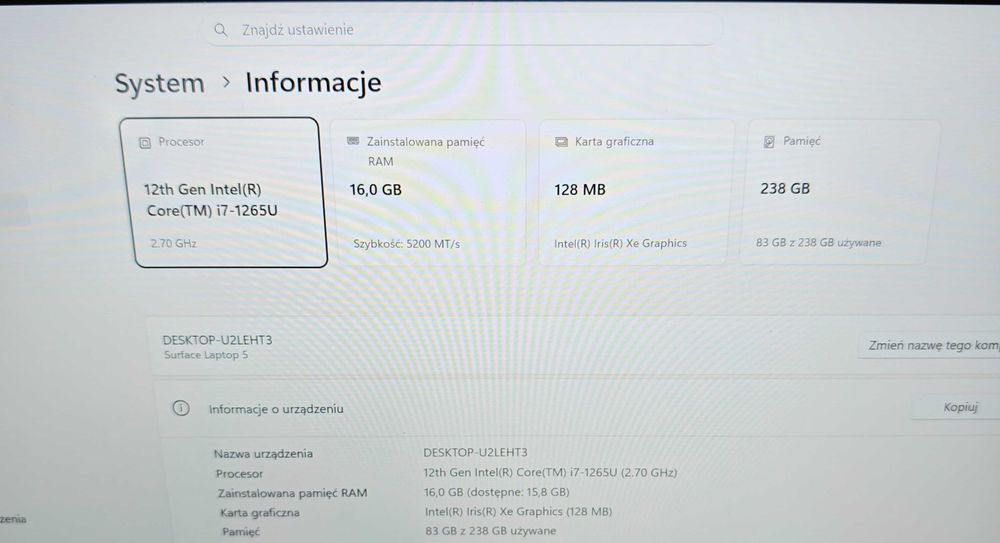 Laptop Microsoft Surface Laptop 5 i7 1265u, Intel IrisXE, 16GB, 256GB