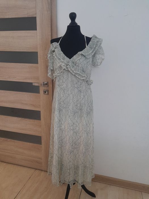 Sukienka midi koronka elegacka krótki rękaw opadający L 40