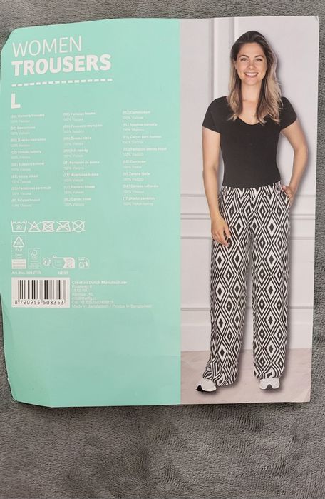 Eleganckie spodnie damskie L – czarno-biały wzór geometryczny, 1