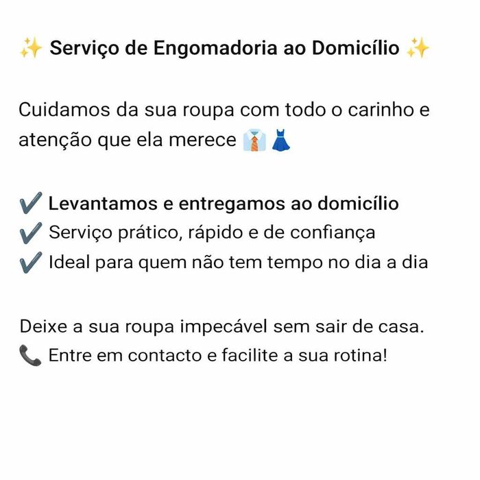 Engomamos a sua roupa e entregamos. Desconto para novos clientes.