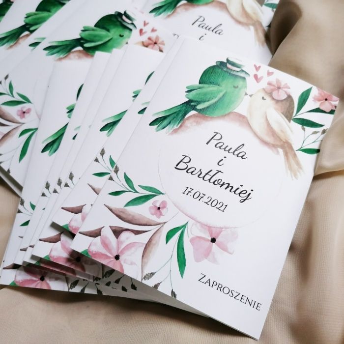 Zaproszenia ślubne z zakochanymi ptaszkami butelkowa zieleń i róż