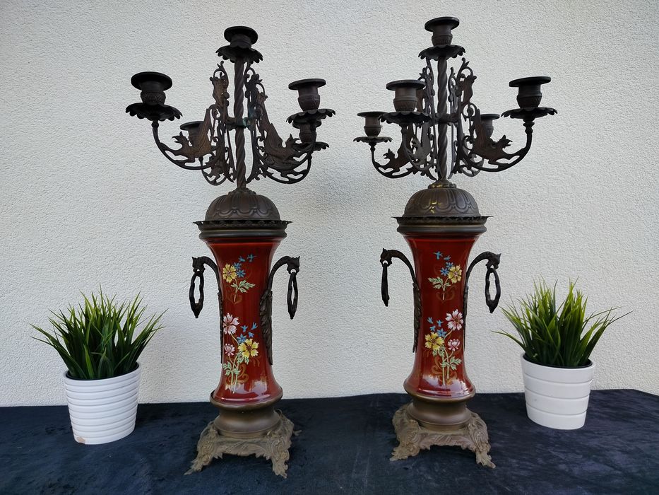 Piękne duże stare palacowe kandelabry świeczniki brąz i ceramika