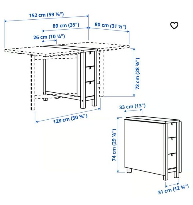 Mesa abas rebatíveis branco, 26/89/152x80 cm