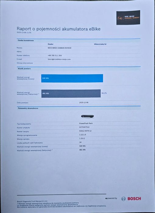 Bateria Akumulator BOSCH POWERPACK 500Wh na bagażnik 14 cykli 96% spra