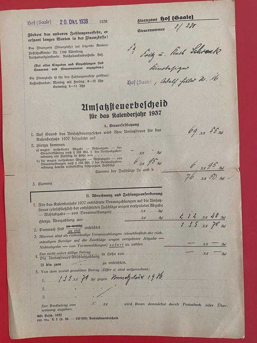 Dwa raporty finansowe dla urzędu skarbowego z 1938 roku.