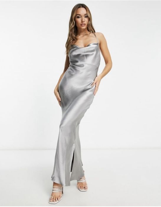 Srebrna sukienka satynowa maxi minimalizm elegancja wesele ASOS 38/40