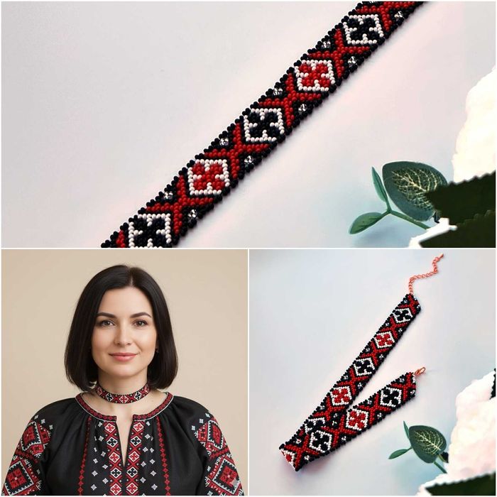 Чокер червоно чорний стрічковий ґердан українські прикраси до вишиванк