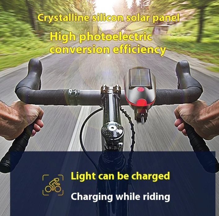 Вело фонарь с сигналом, заряд от Usb + от солнца