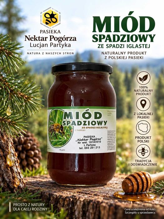 Miód SPADZIOWY ze spadzi iglastej, 100% Naturalny z Podkarpacia