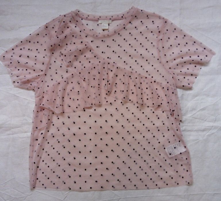 Bladoróżowa, przezroczysta koszulka z falbanką, w czarne kropki - H&M