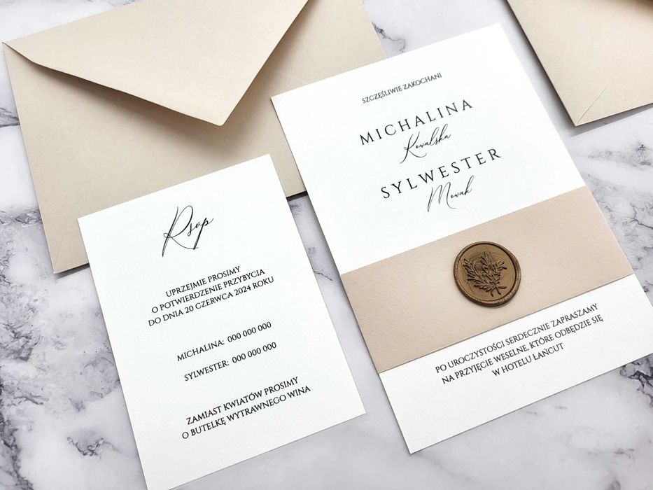 Zaproszenia ślubne Łańcut, Rzeszów, minimalistyczne z pieczątką