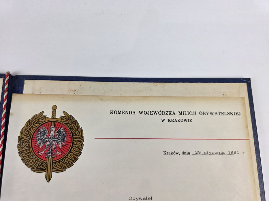 Oryginalne Podziękowanie KWMO Kraków 1981 r. PRL Pamiątka Milicja Obywatelska