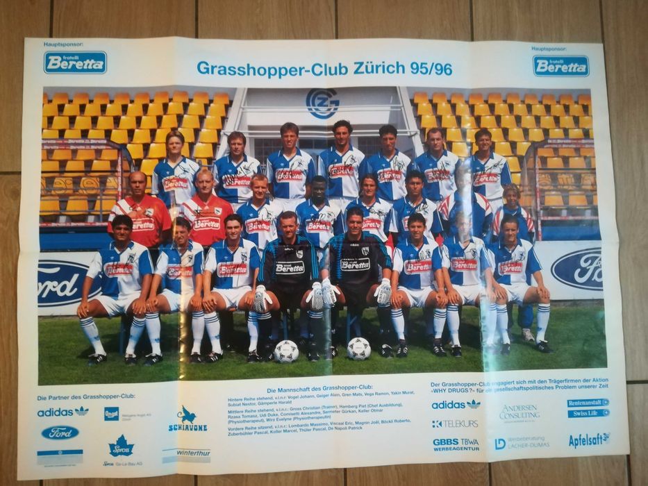Duży plakat Grasshopper Zurich 1995 Tomasz Rząsa Autografy