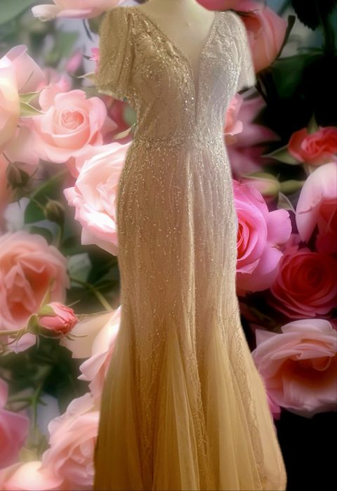 Suknia ślubna / wizytowa złota bogato zdobiona koronka - r.42