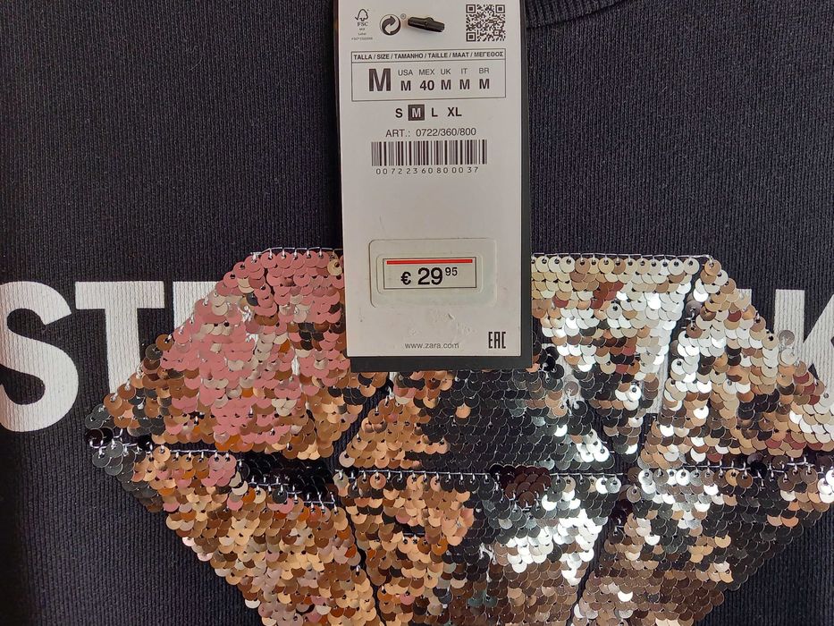 (NOVA, PORTES GRÁTIS) ZARA: Sweatshirt Aplique de Lantejoulas Diamante