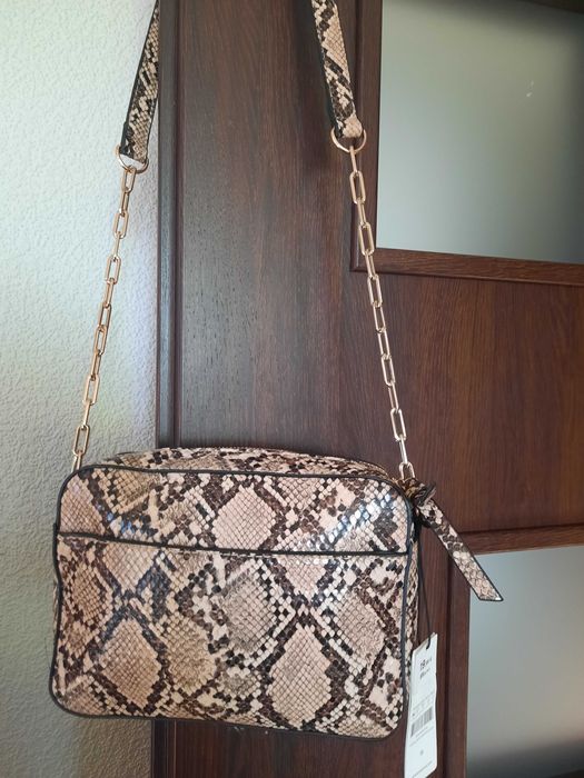 Torebka  listonoszka  skóra  ekologiczna  print węża  brązowy  beżowy