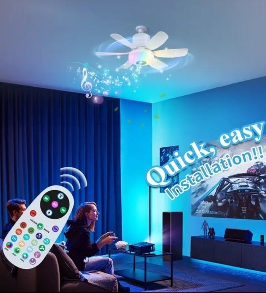 Вентилятор колонка Bluetooth лампа LED RGB 47см 32Вт світильник люстра